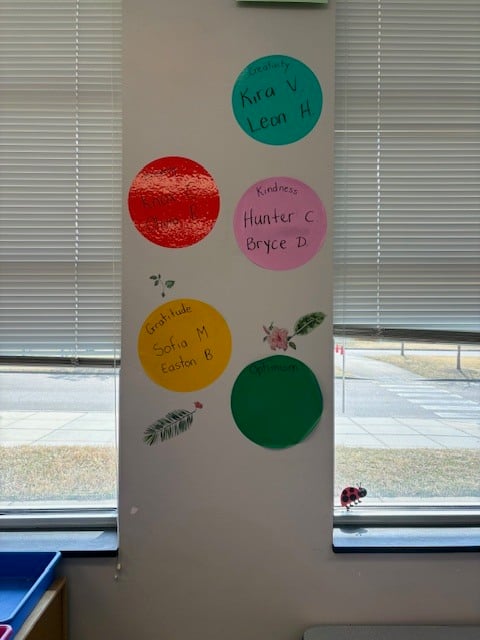 Student recognition display on classroom wall