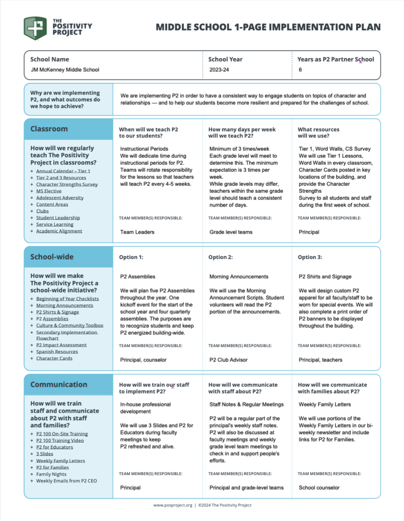 Middle School 1Page Implementation Plan