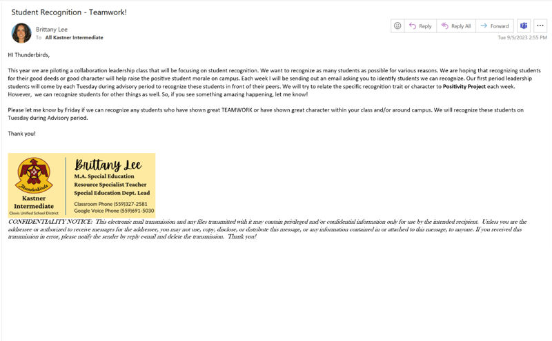 Student Recognition Teamwork Email