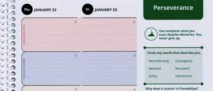 a close up view of character strengths in p2 planners