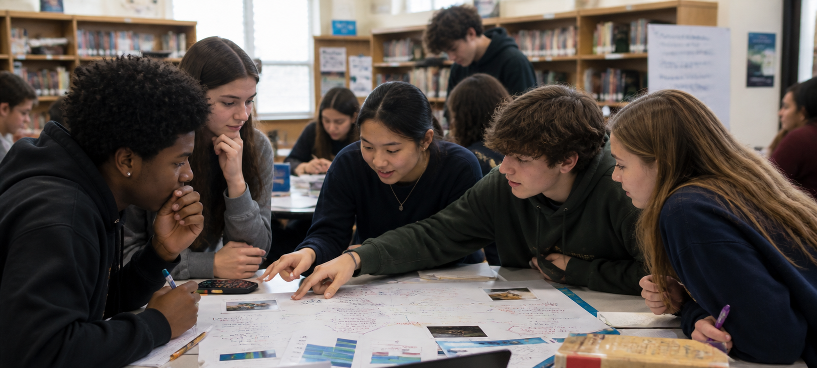 high schoolers exploring papers on desk