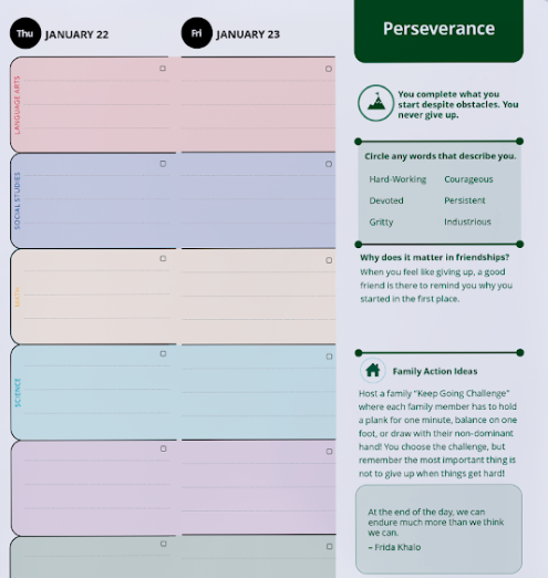 Family action ideas shown in a product photo of the P2 planner
