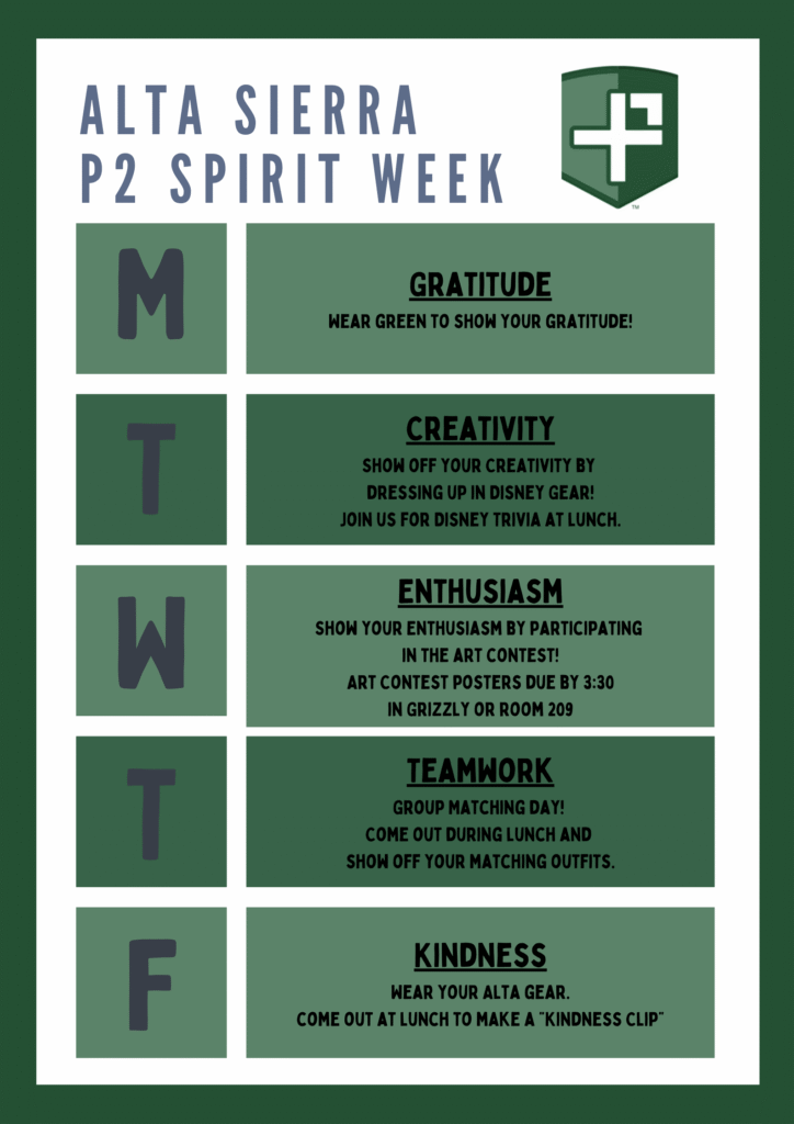 Poster advertising Alta Sierra's spirit week schedule coordinating with P2 character strenghts