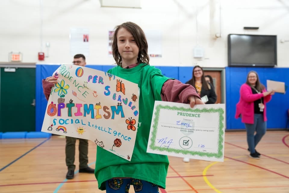 CVES student showing off certificate for p2 strengths