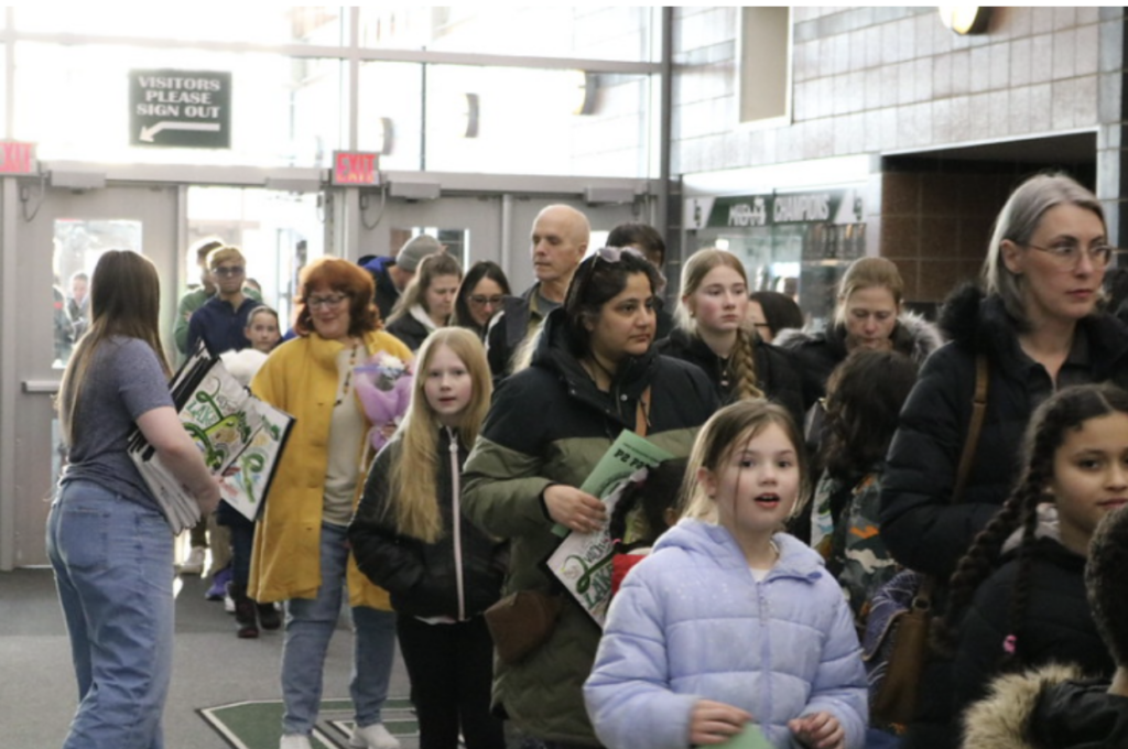 line out the door to enter P2 Palooza family assembly